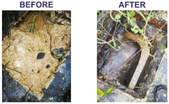 Before and After image of drain unblockage